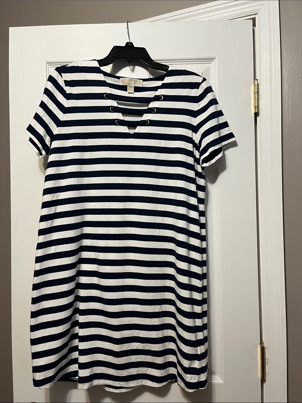 Michael Kors Navy and White Striped Lace-Up Neck Tee Dress
